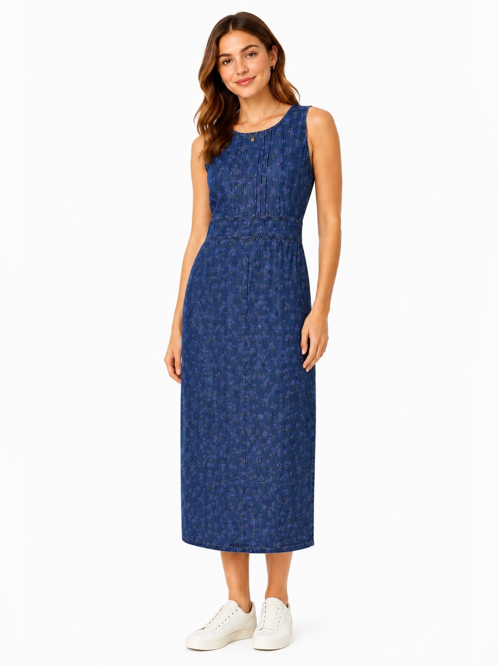 Vintage Country Wear Sleeveless Denim Midi Dress Small, 100% Cotton Floral Print